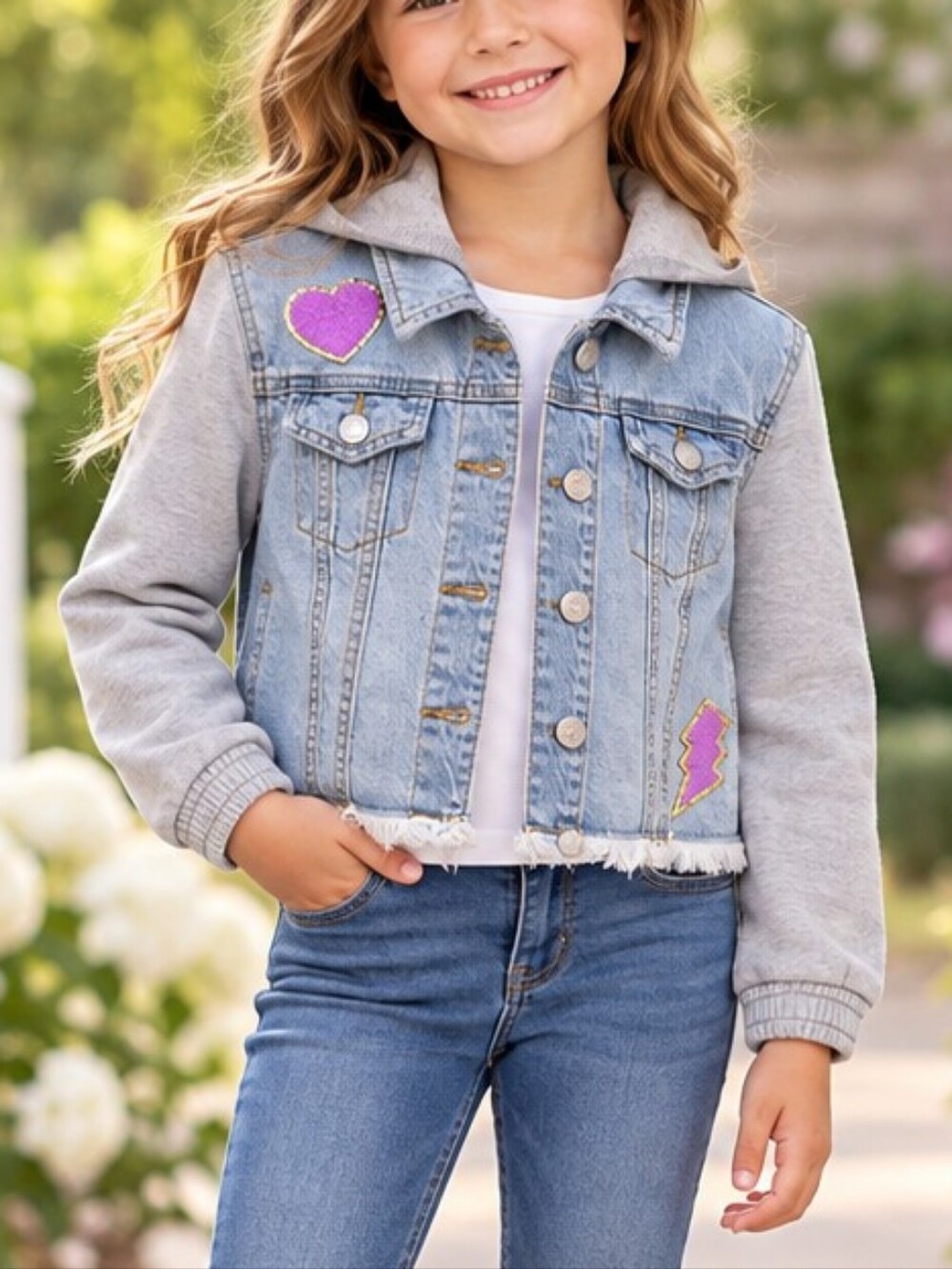 Cat & Jack Girls’ Light Wash Denim Jacket with Gray Hood – Size S (6/7) – NWT